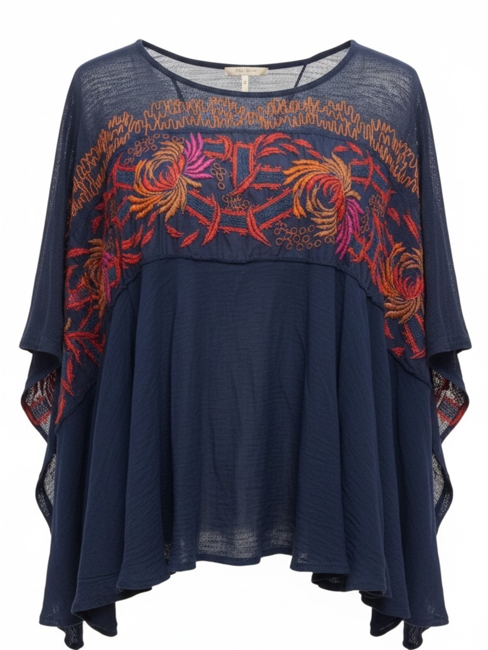 Free People Love Letter Embroidered Linen-Blend Poncho Tee Navy XS